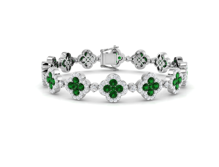 ELEGANT EMERALD AND DIAMOND CLOVER DESIGN BRACELET
