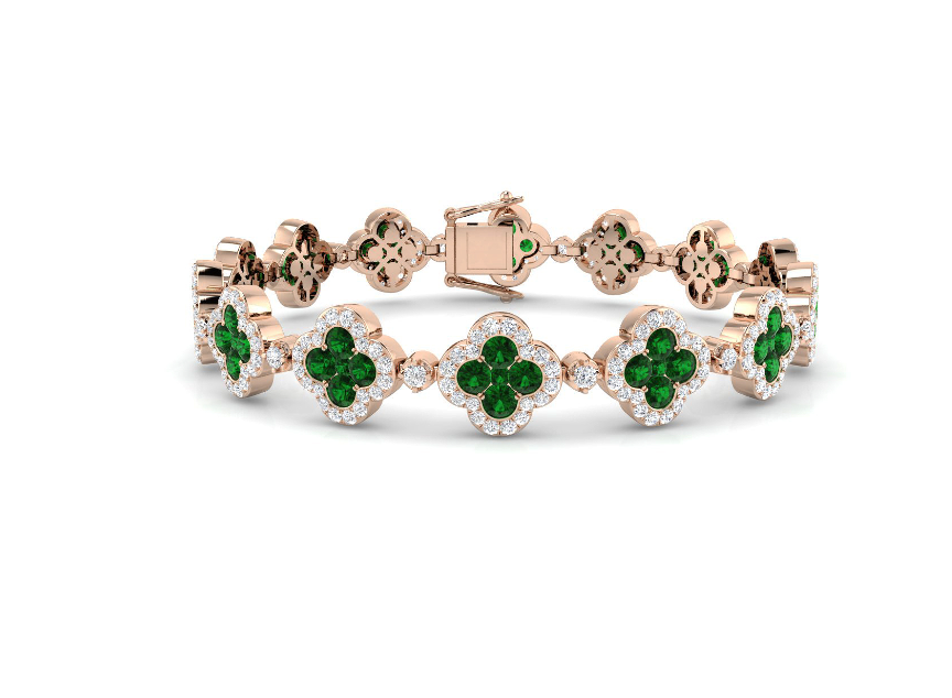 ELEGANT EMERALD AND DIAMOND CLOVER DESIGN BRACELET
