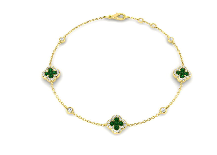 0.62CT EMERALD AND DIAMOND CLOVER DESIGN GOLD BRACELET