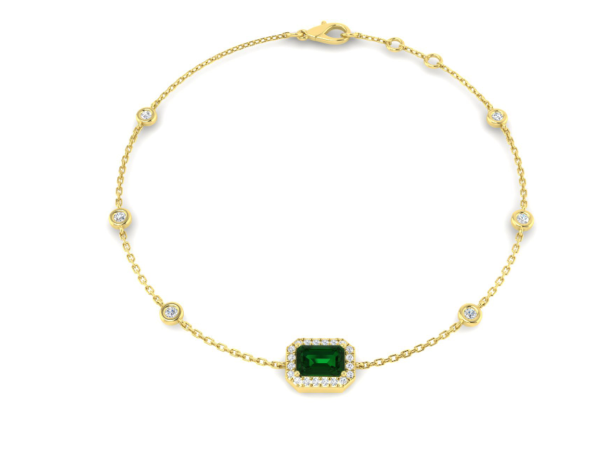 1.36CT EMERALD AND DIAMOND HALO GOLD TENNIS BRACELET