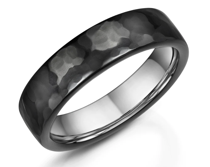 Men’s Zirconium Wedding Band | 6mm Hammered Black Wedding Ring
