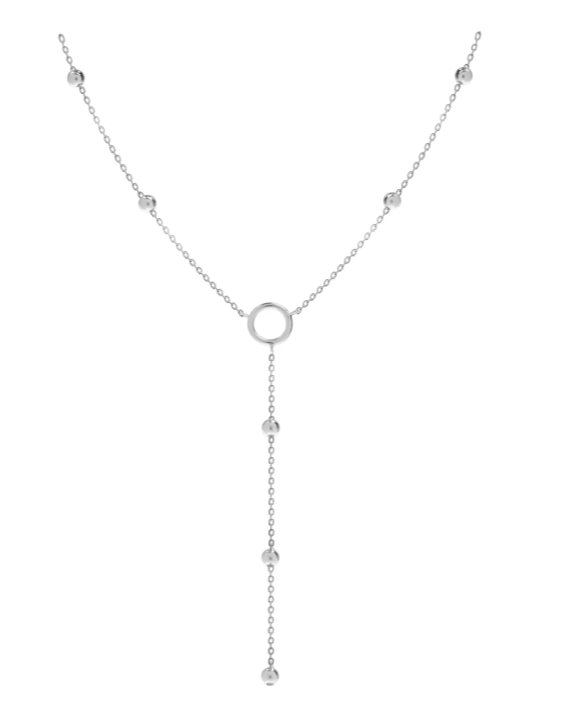 Sterling silver necklace with open circle and bead drop design, adjustable length.