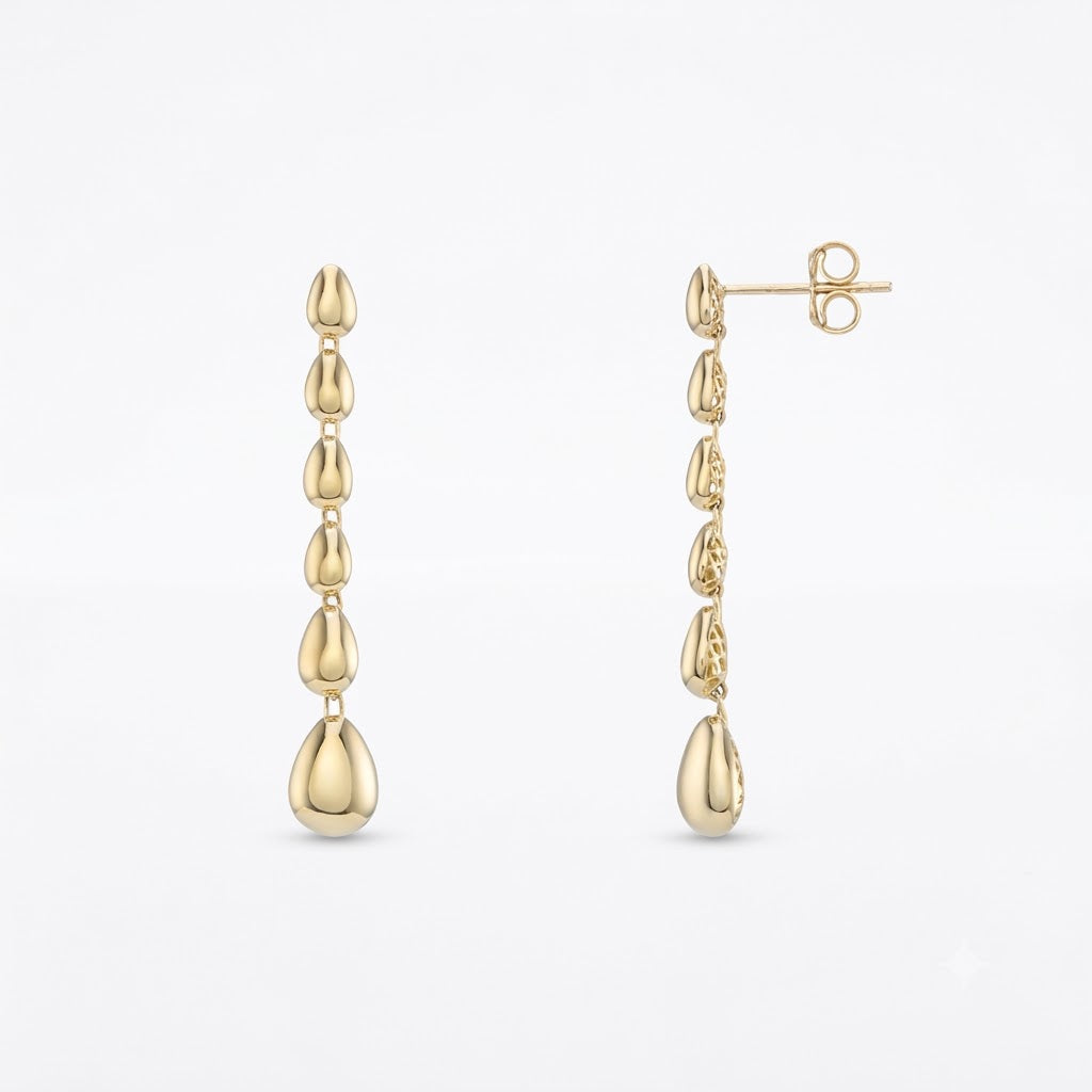 9ct yellow gold six graduating teardrop drop earrings with high polish finish and butterfly backs, shown on white background