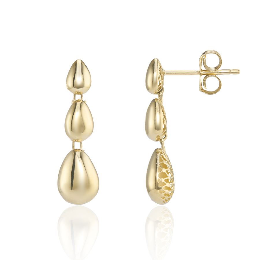9ct yellow gold triple graduating teardrop drop earrings with high polish finish and butterfly backs, shown on white background