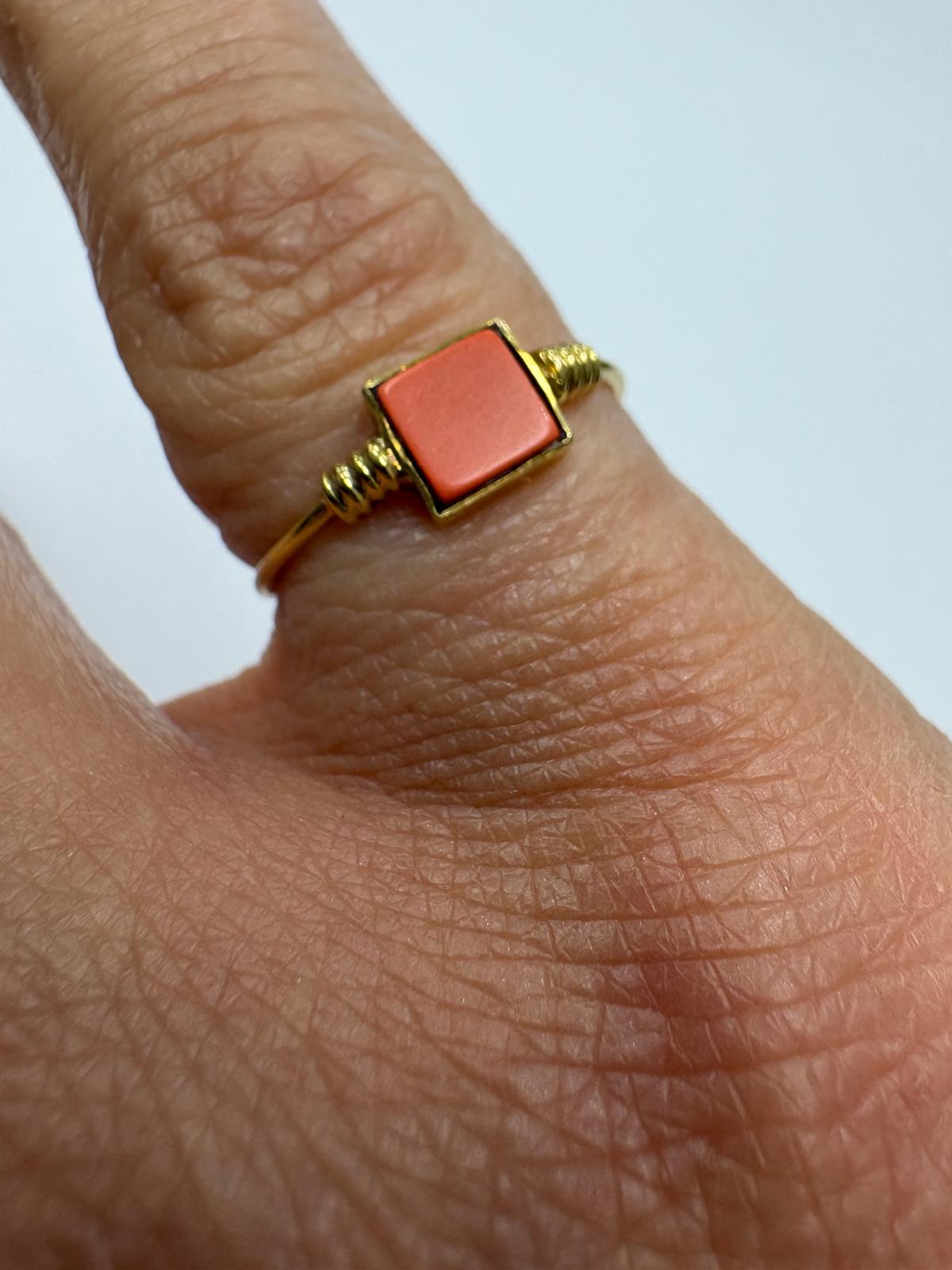 Pre-Loved 14ct Yellow Gold Natural Coral Dress Ring Size L - In Antique Ring Box Angled View