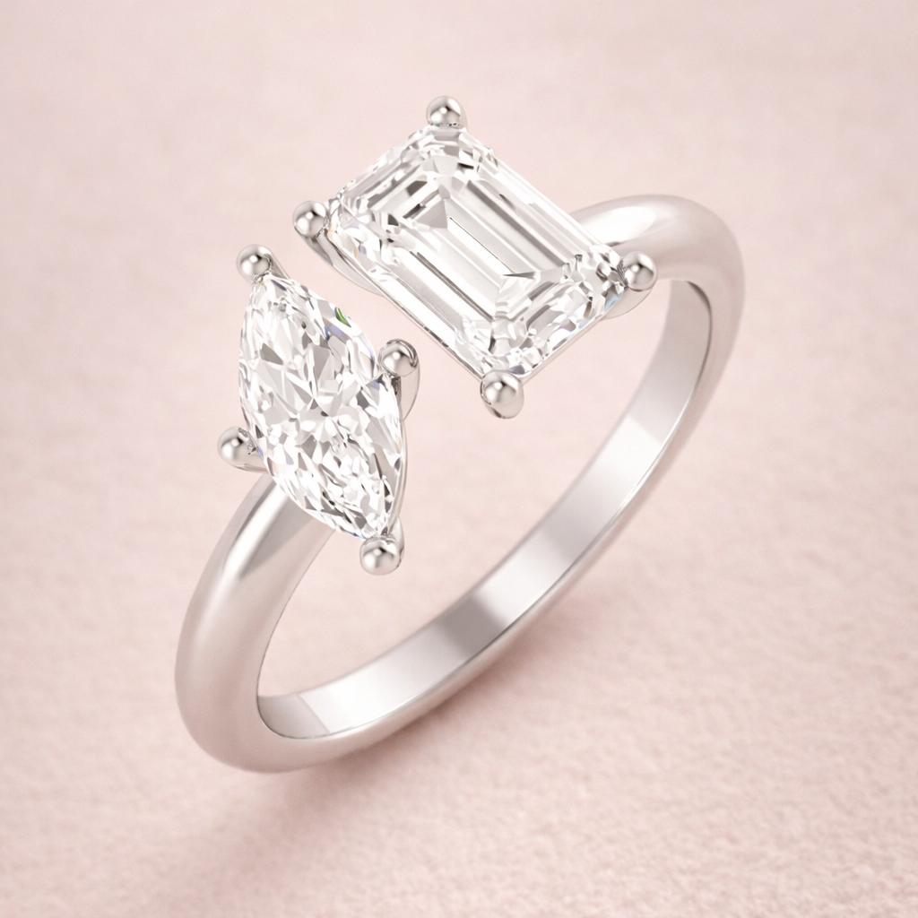 Toi et moi lab-grown diamond ring featuring radiant and marquise cut diamonds in white gold
