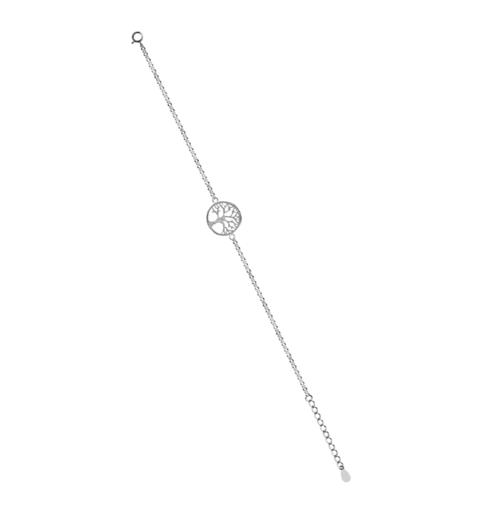 Elegant sterling silver Tree of Life bracelet with polished circular charm and adjustable chain.