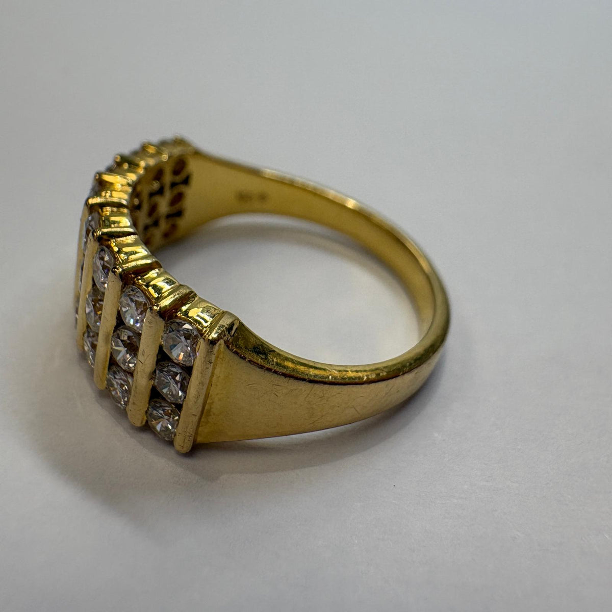 three row diamond ring, 18ct gold diamond band, 1.20ct diamond ring, multi row diamond ring UK, pre-loved diamond ring, anniversary diamond ring, wide diamond band ring, yellow gold diamond ring