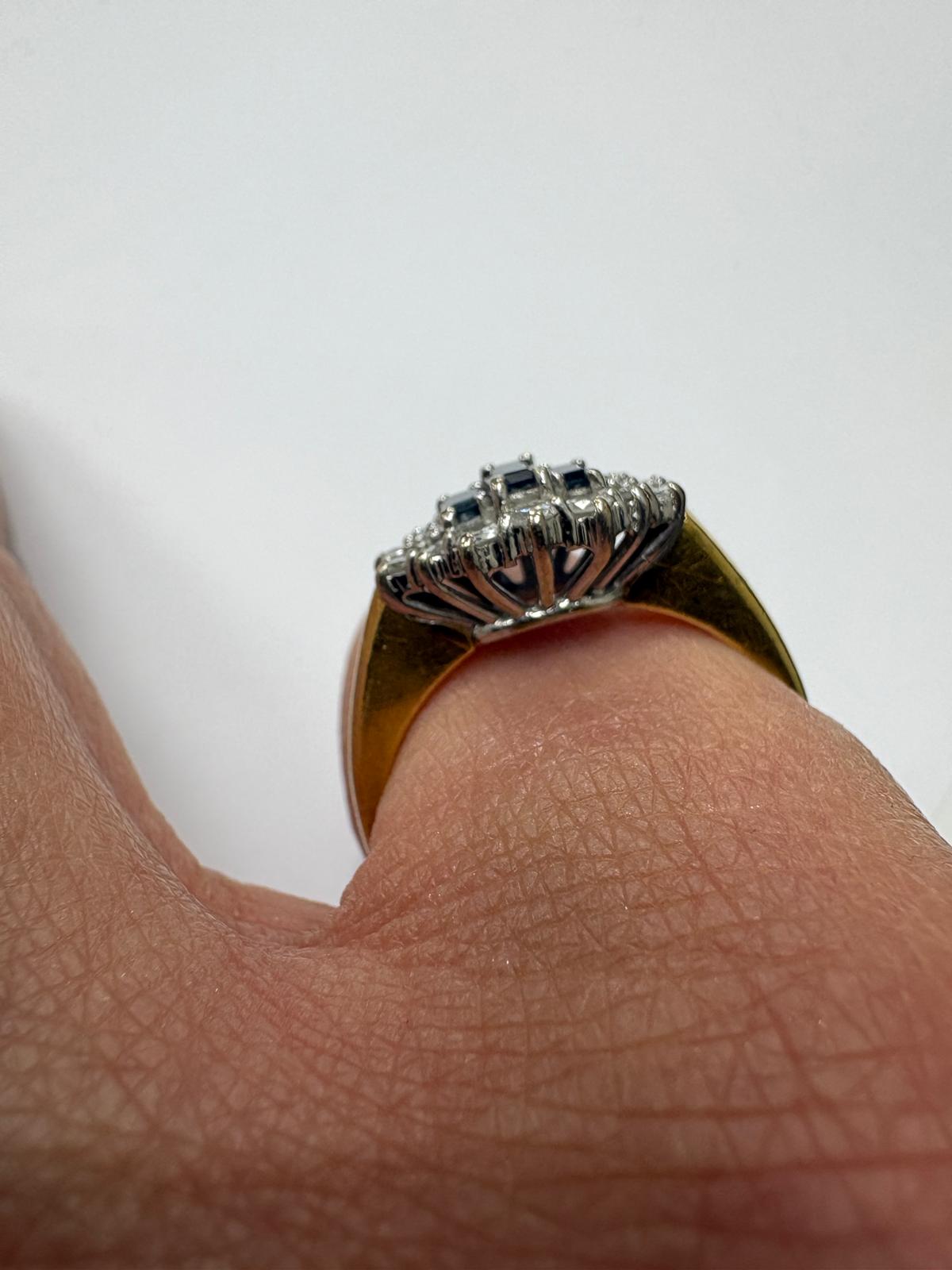 Pre-Loved Yellow Gold Natural Sapphire and Diamond Marquise Cluster Ring - Front Face Worn on Finger