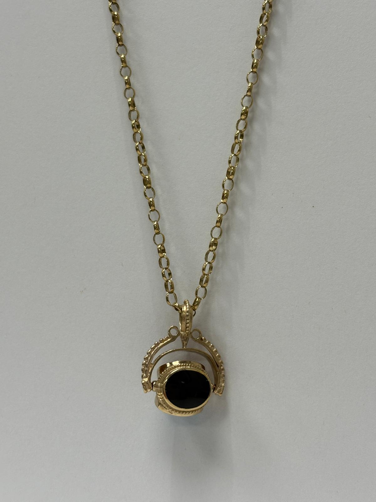 9ct gold spinner pendant, vintage fob necklace, multi stone gold pendant, tiger's eye onyx turquoise necklace, gold belcher chain necklace, pre-loved fob pendant UK, spinning gemstone pendant, second hand gold necklace Harrogate