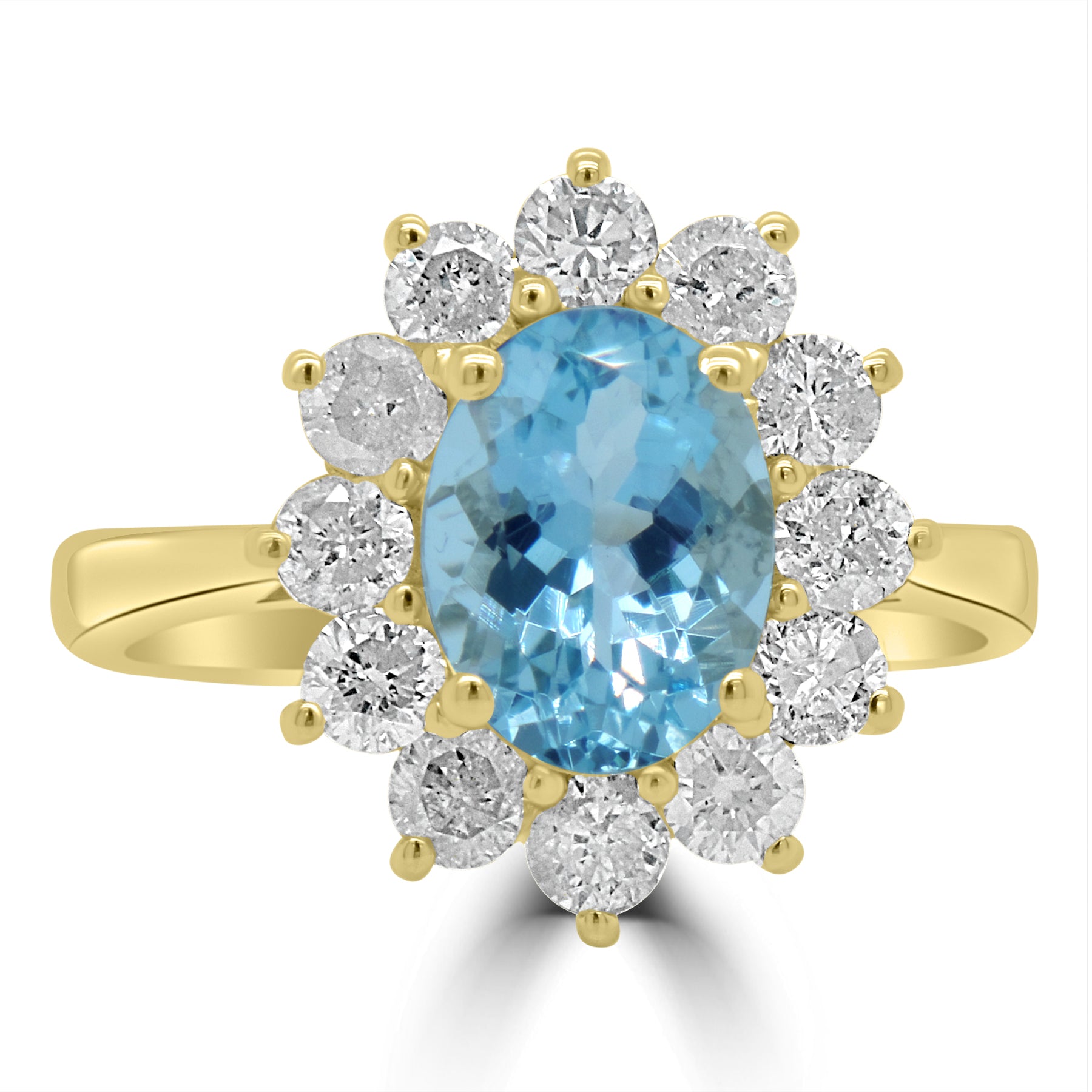 Yellow Gold Aquamarine Oval cut Cluster Diamond Engagement Ring Fogal and Barnes Fine Jewellers Harrogate