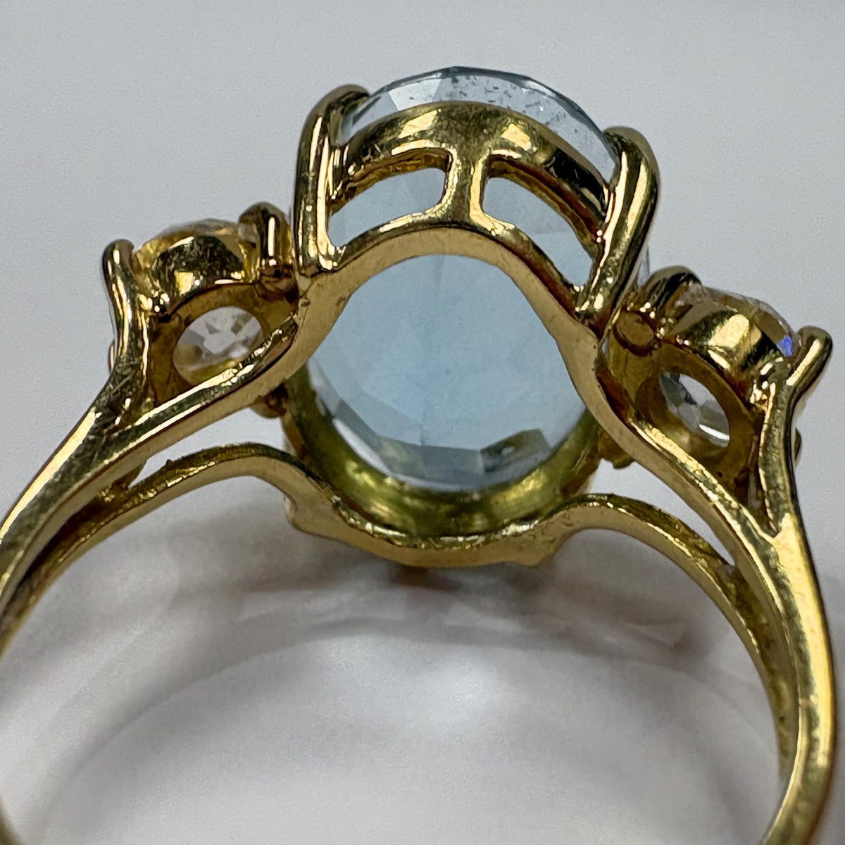 Pre-Loved Antique 18ct Yellow Gold 5ct Aquamarine and Old Mine Cut Diamond Three Stone Ring - Fogal & Barnes