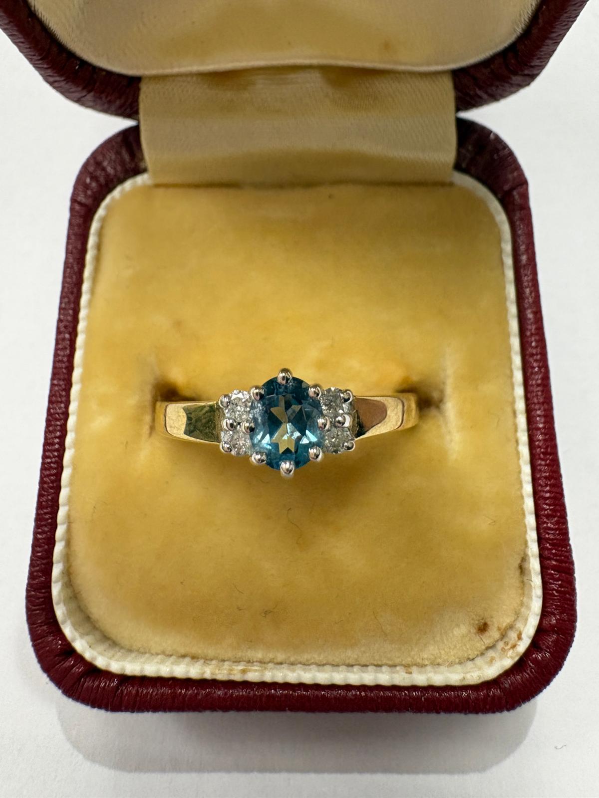 Pre-loved Vintage 9ct Yellow Gold Oval Blue Topaz & Diamond Ring, Size M - 2.63g