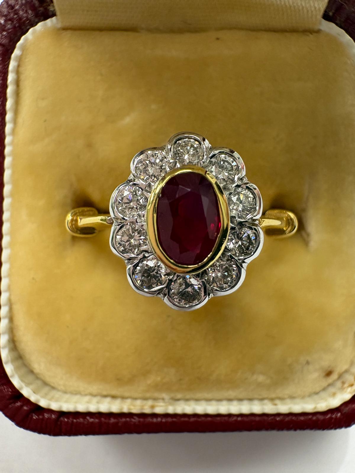 Pre-loved Vintage 18ct Two Tone Gold Vintage Ruby & Diamond Cluster Ring Size N