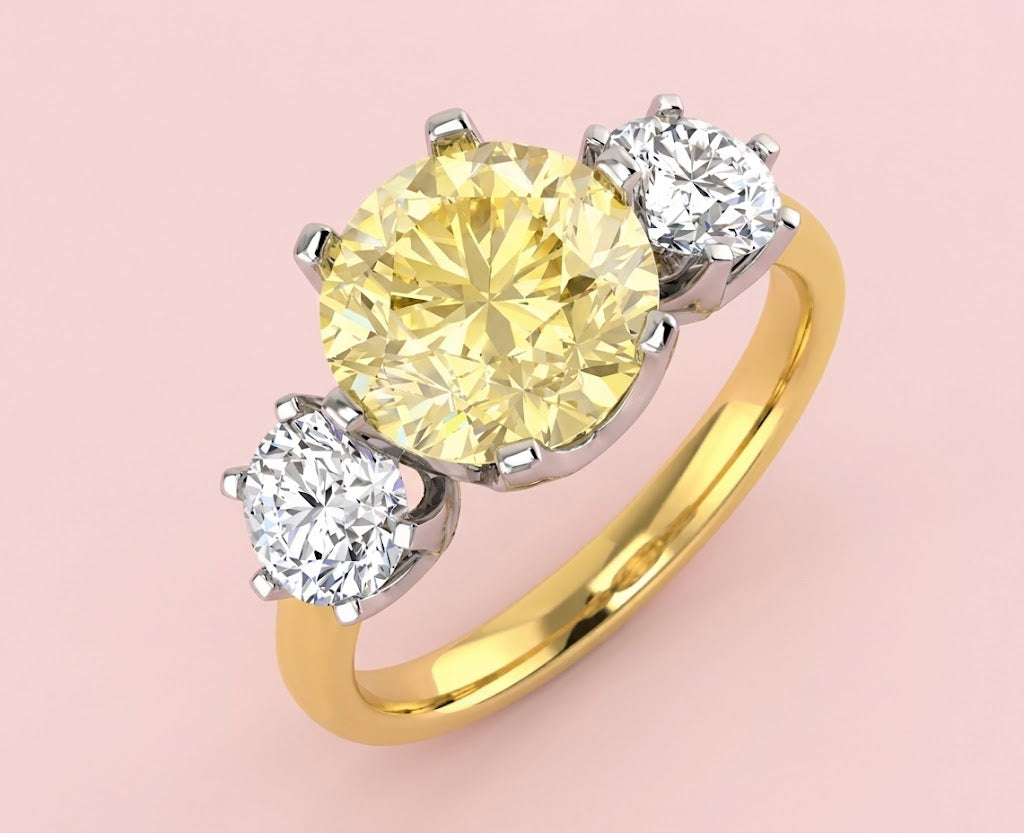 Yellow Diamond engagement ring UK, old cut lab grown diamond, old mine cut engagement ring, vintage inspired engagement ring, three stone engagement ring, trilogy ring, lab grown three stone ring, two tone gold engagement ring, 2 carat lab grown diamond ring, ethical engagement ring, antique style engagement ring, bespoke engagement ring, Harrogate jewellers, jewellers Leeds, jewellers York