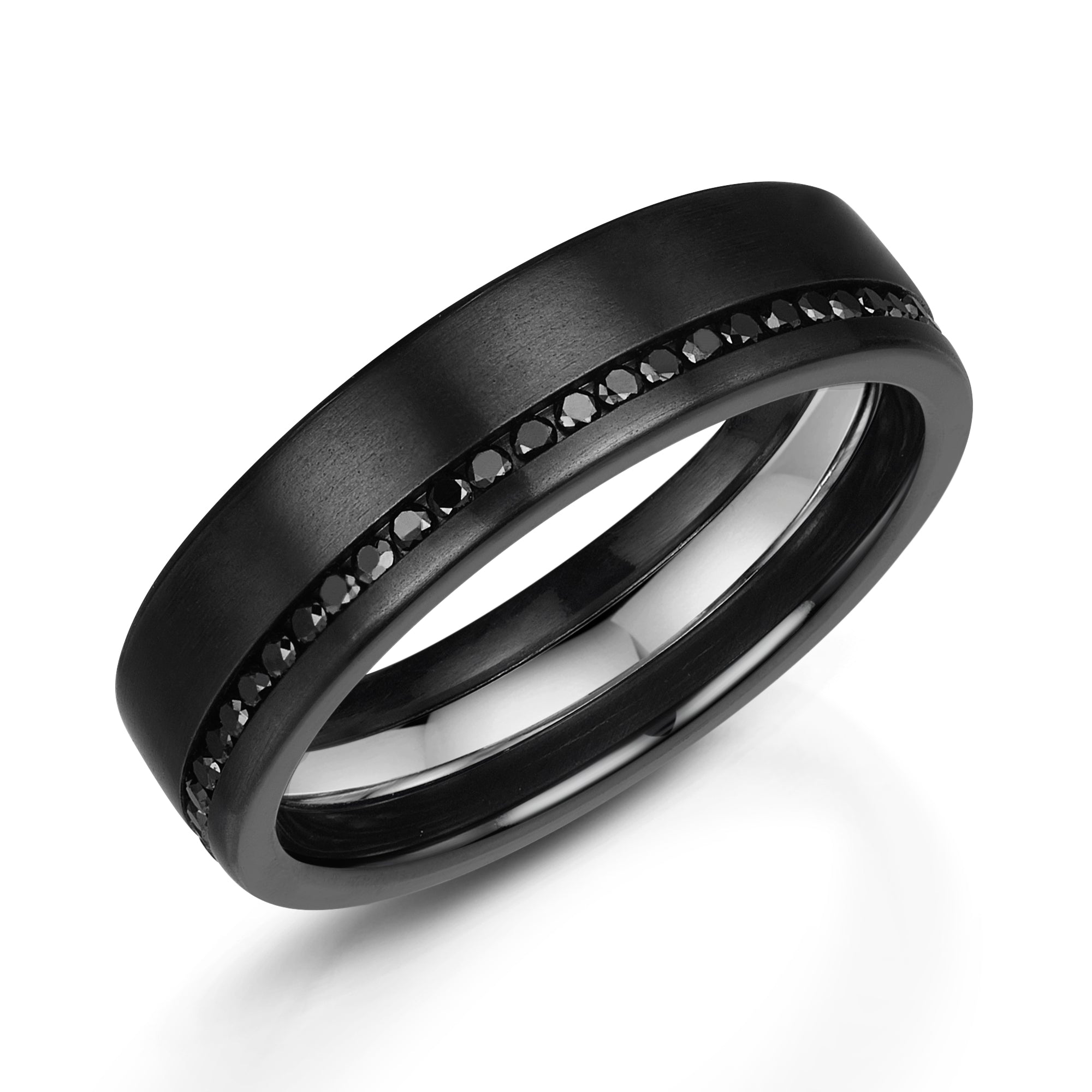 Men’s Platinum Zirconium Wedding Band | 6mm Matt Finish with Full Black Diamonds