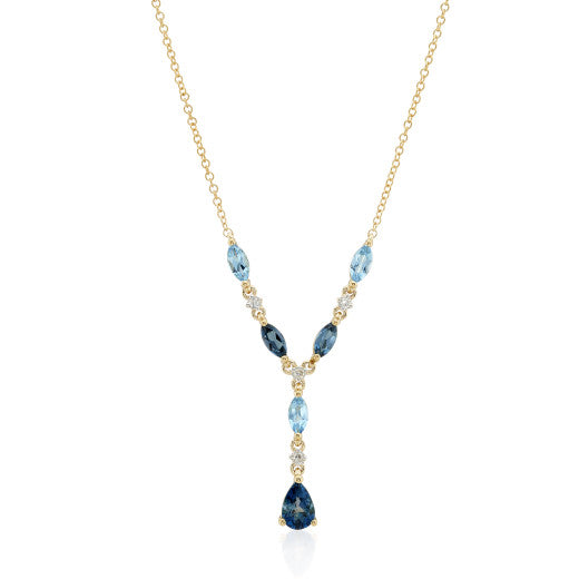 YELLOW GOLD , DIAMOND AND BLUE TOPAZ DROP EARRINGS
