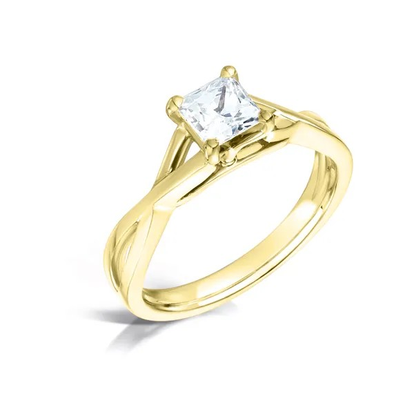 Princess Cut Diamond Solitaire Engagement Ring Harrogate Twisted band set with 18ct yellow gold fogal and barnes fine jewellers of harrogate