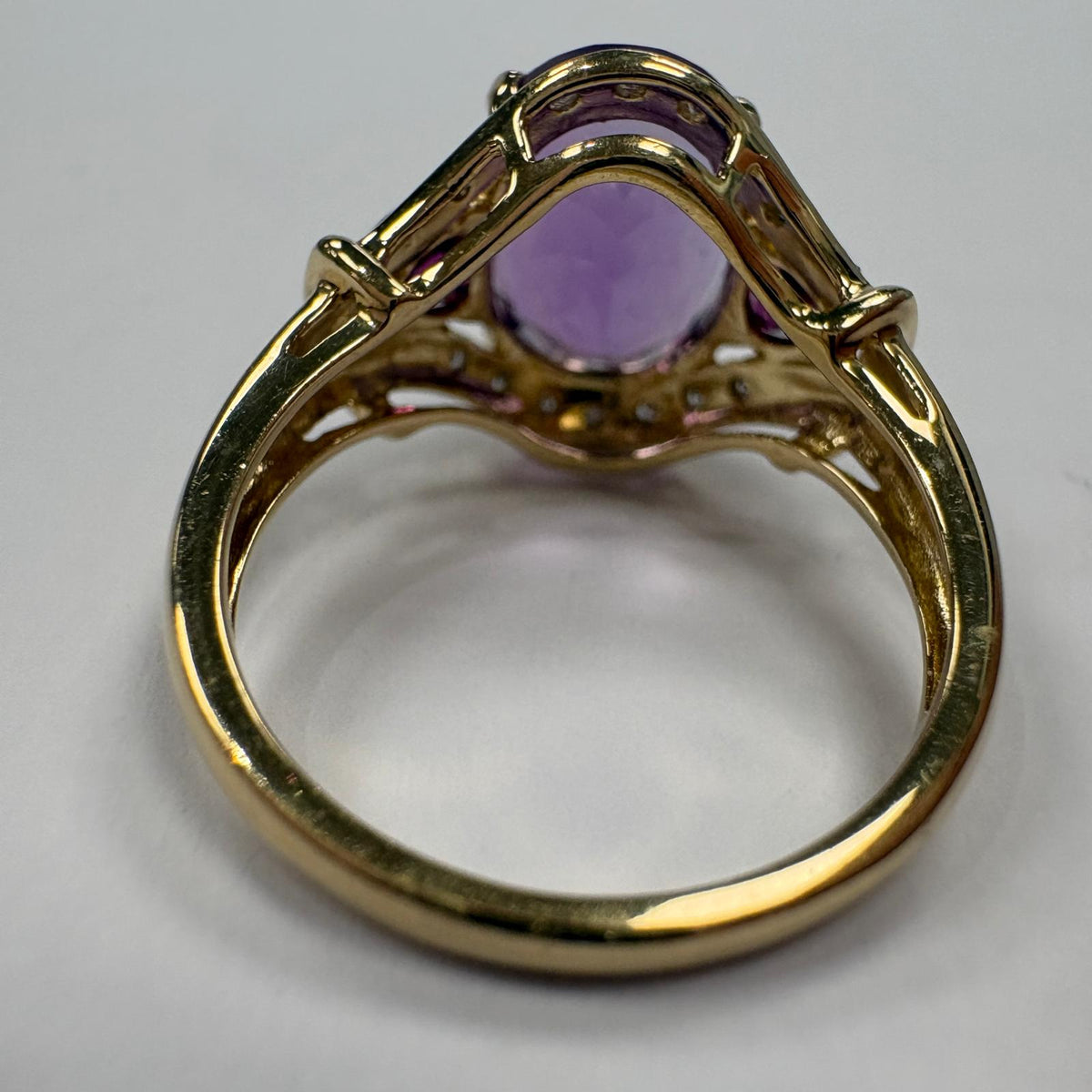 amethyst cocktail ring, large amethyst ring UK, 9ct gold amethyst ring, amethyst and pink sapphire ring, amethyst and diamond ring, pink sapphire cocktail ring, February birthstone ring, purple statement ring