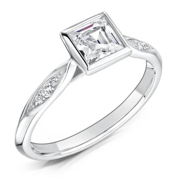 Princess cut diamond solitaire engagement ring Harrogate with diamond twirl / twist band and Bezel crafted in 18ct white gold or platinum at Fogal and Barnes Fine Jewellers independent