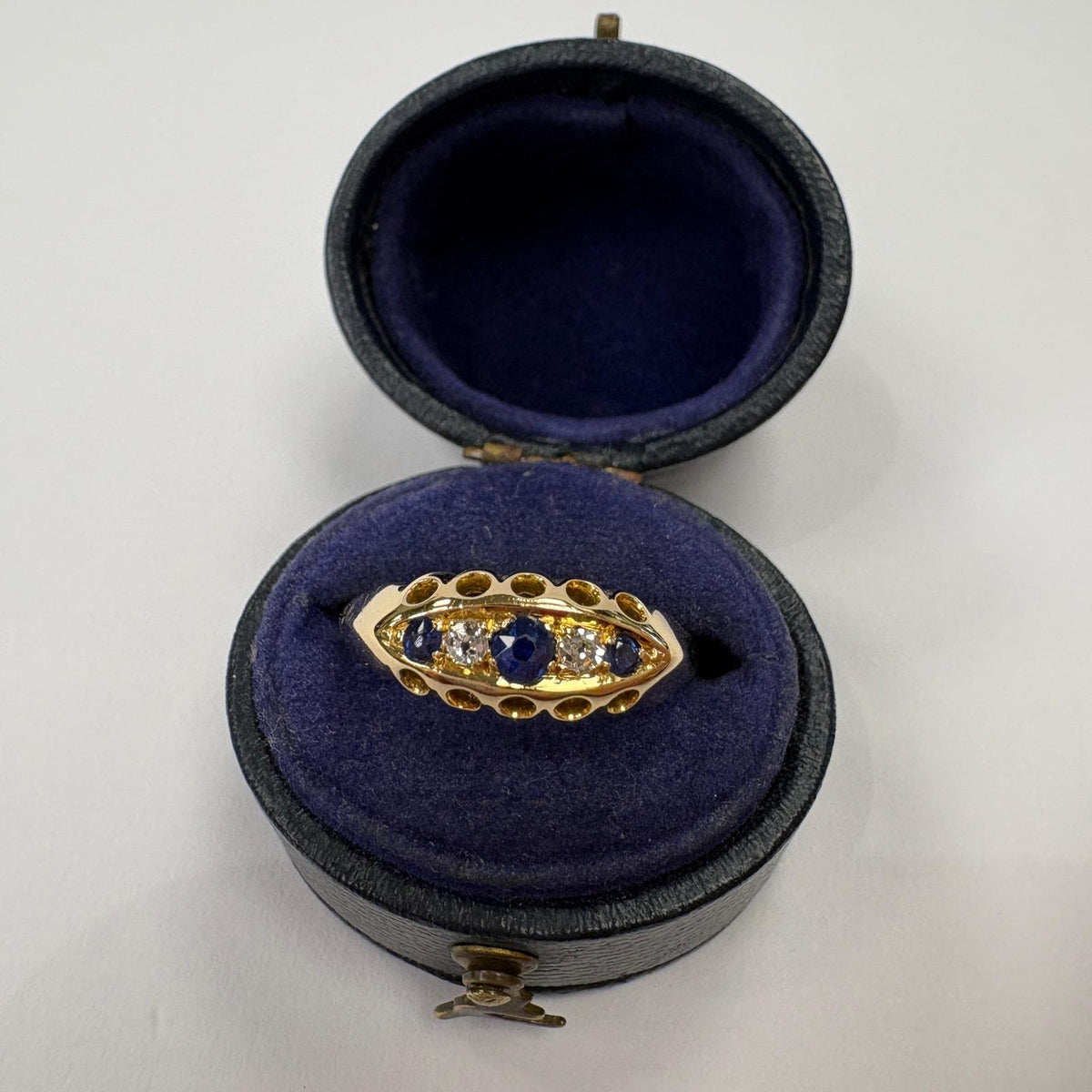 antique five stone ring, Edwardian sapphire ring, old cut diamond ring UK, antique sapphire and diamond ring, 18ct gold five stone ring, antique engagement ring, boat shaped ring, Edwardian engagement ring