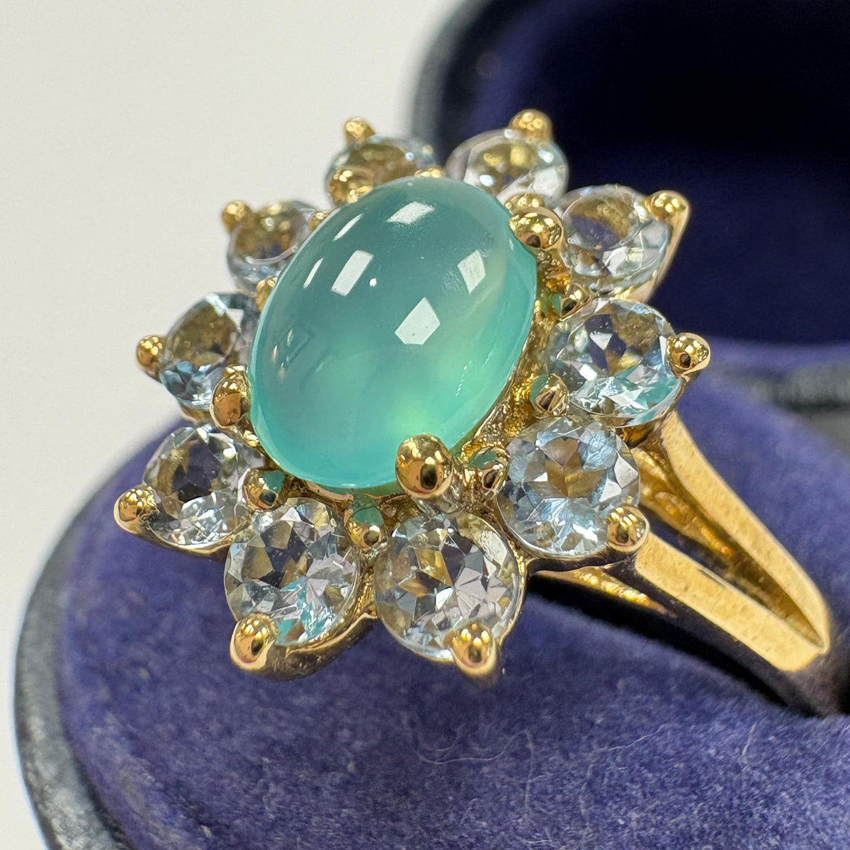 aqua chalcedony ring, blue topaz cluster ring, 9ct gold cluster ring, cabochon cluster ring UK, sea green gemstone ring, large size gold ring, December birthstone ring, pre-loved gemstone ring