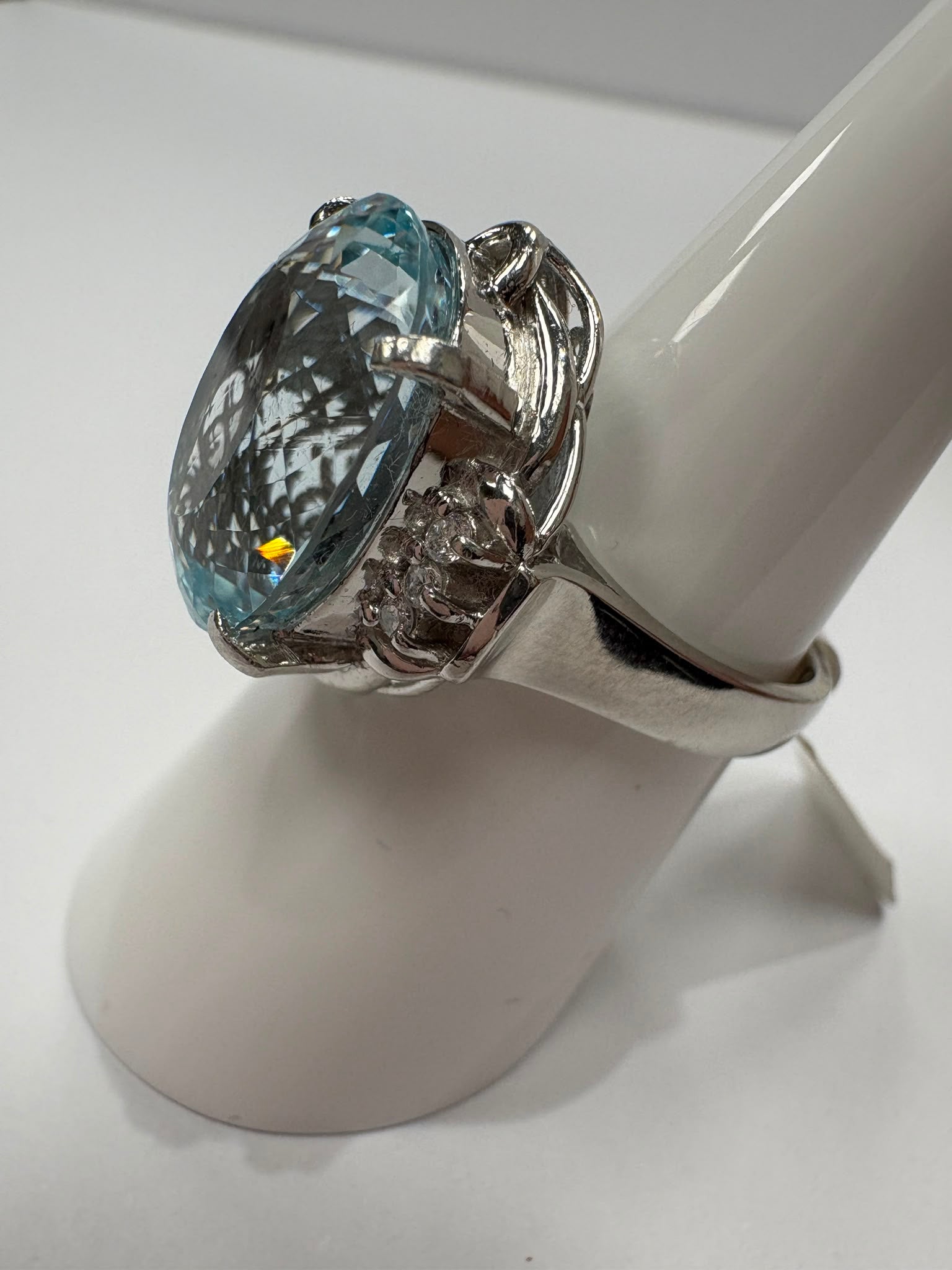 Statement aquamarine and diamond cocktail ring, 12.77ct, platinum, pierced gallery setting. Pre-loved, excellent condition, size O. Visit our Harrogate showroom.