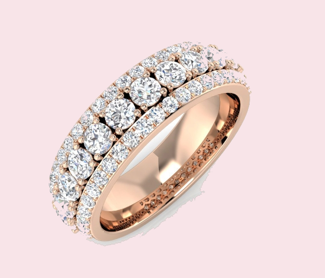 The Aurora round lab-grown diamond half eternity ring in rose gold, with a row of graduated claw set diamonds between two rows of pavé diamonds