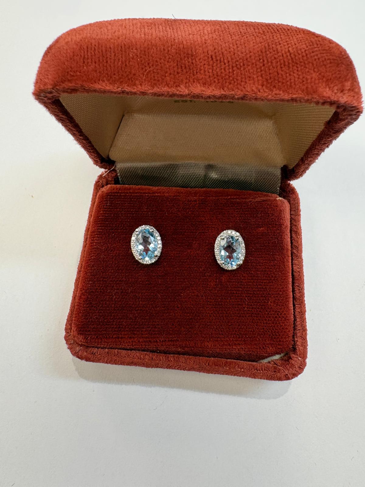 blue topaz diamond earrings, pre-loved white gold earrings, second hand 9ct white gold earrings, topaz halo earrings UK, pre-owned diamond earrings