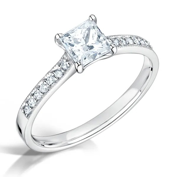 Princess Cut Diamond Solitaire Engagement Ring with Channel set Diamond Band 18ct white gold