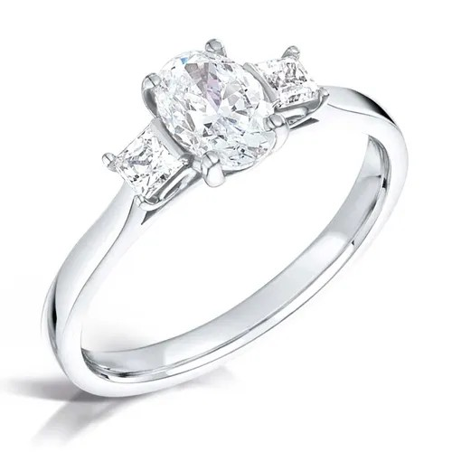 Oval and princess cut diamond three stone engagement ring set in platinum from fogal and barnes fine jewellers of harrogate
