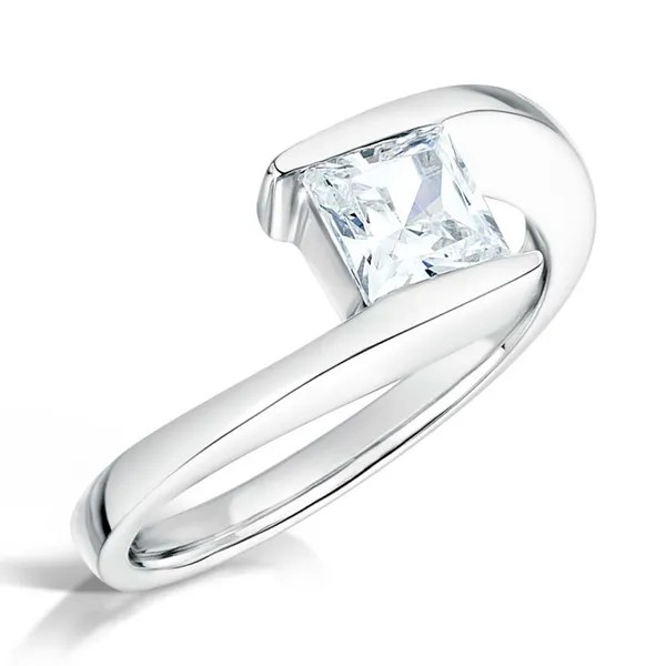Modern Princess cut diamond solitaire engagement ring Harrogate This solitaire has been set in 18ct white gold or platinum, with a twist modern east- west