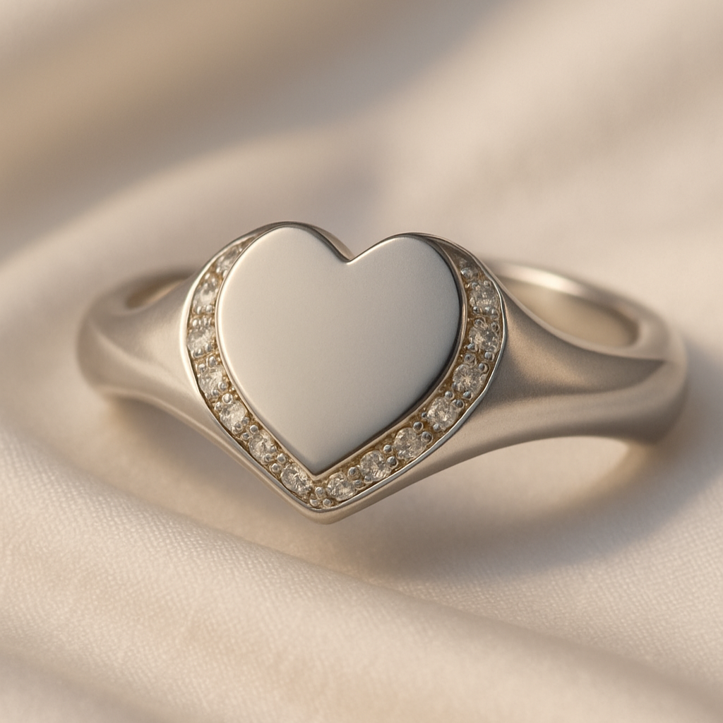 Handcrafted diamond heart-shaped signet ring in white gold for women