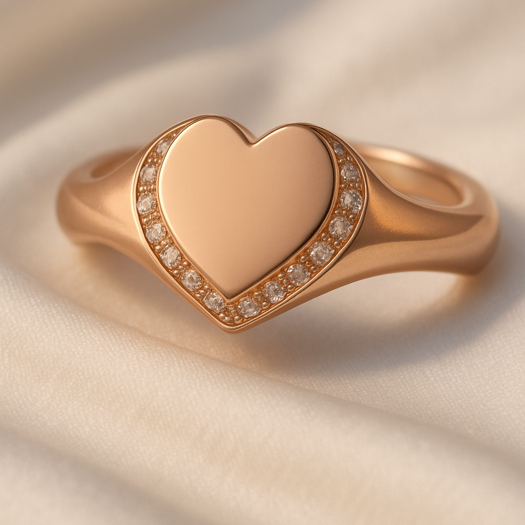Handcrafted diamond heart-shaped signet ring in rose gold for women