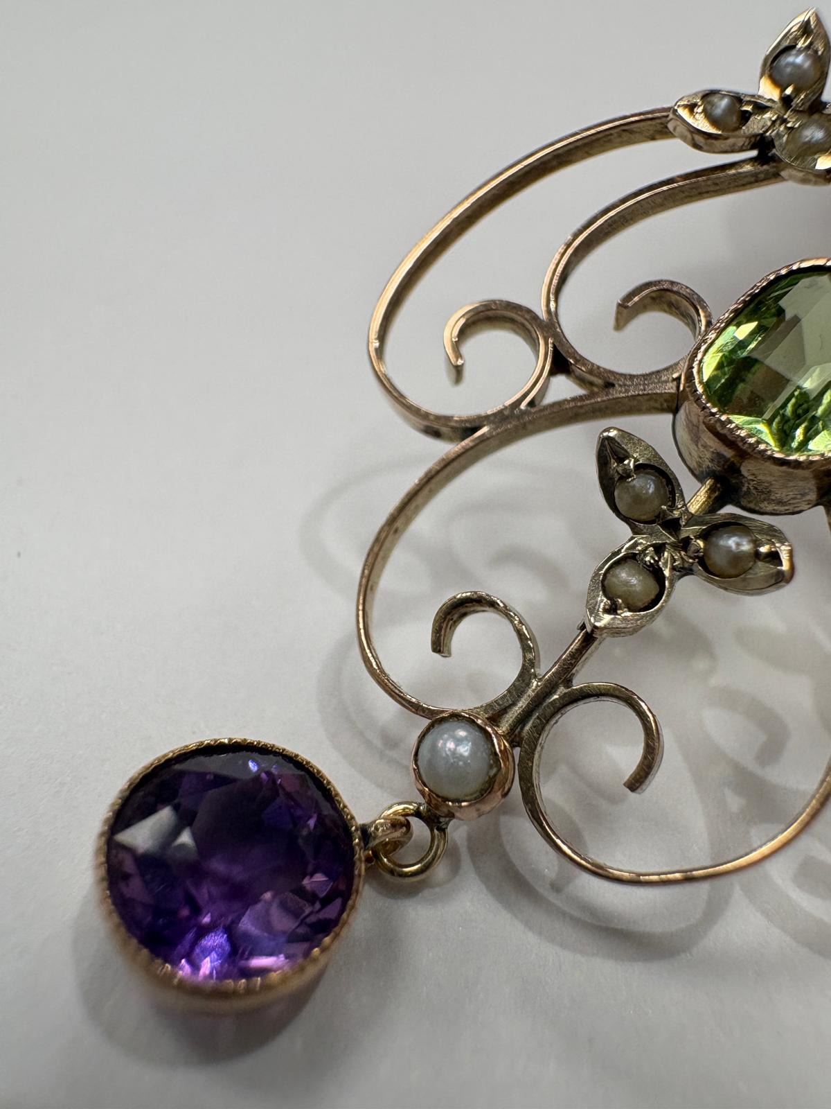 Full view of Edwardian suffragette pendant in 9ct gold with peridot, amethyst and pearls
