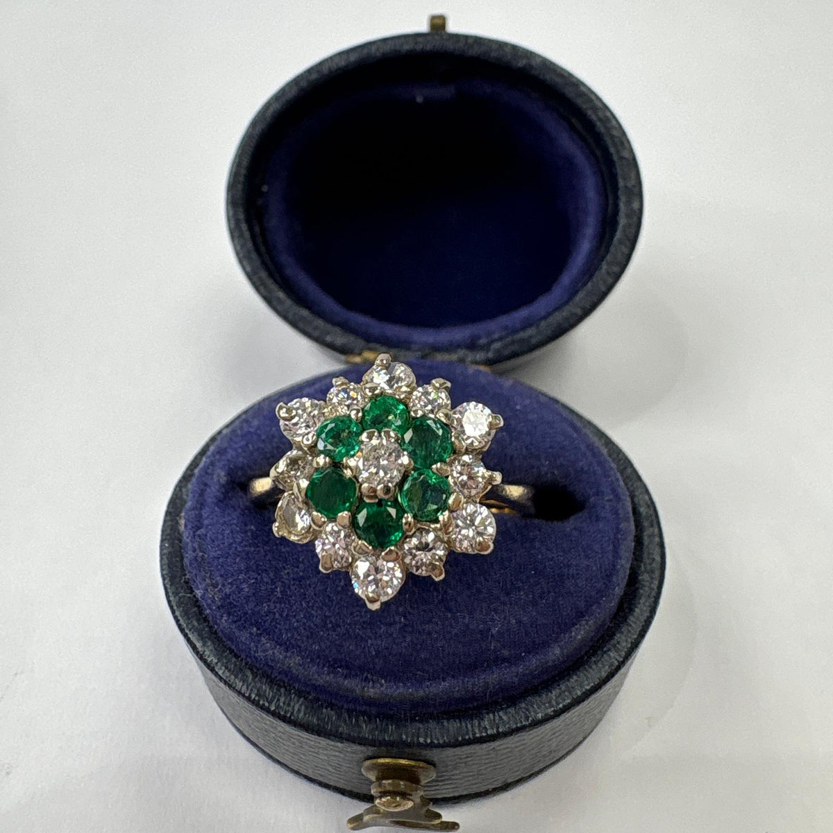 emerald and diamond ring, emerald cluster ring UK, 18ct gold emerald ring, flower cluster ring, May birthstone ring, alternative engagement ring, pre-loved emerald ring, second hand cluster ring