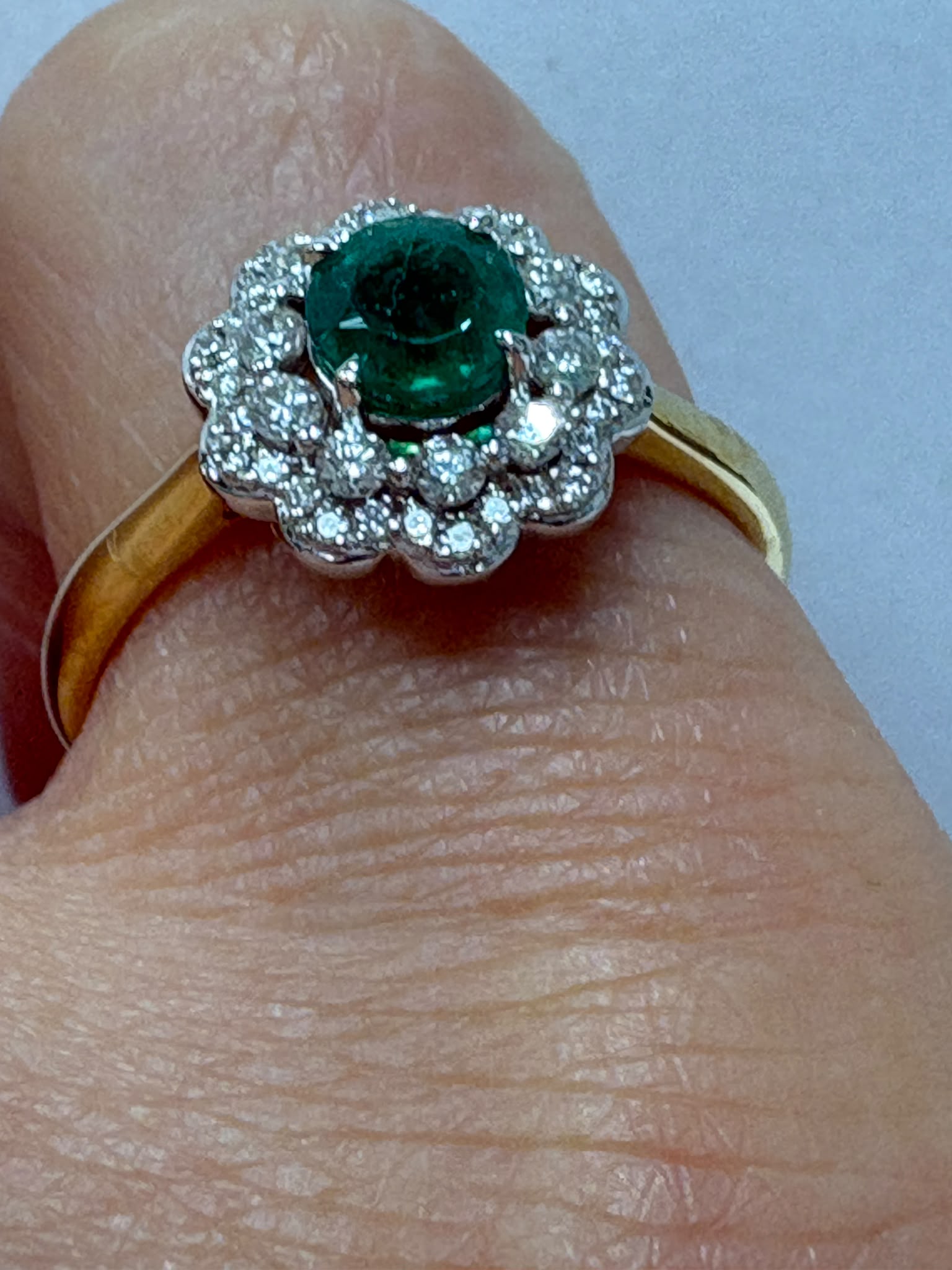 emerald diamond cluster ring, 18ct gold emerald ring, round emerald ring, emerald engagement ring alternative, pre-loved emerald ring UK, emerald cluster ring Harrogate, diamond halo emerald ring, second hand emerald ring size N