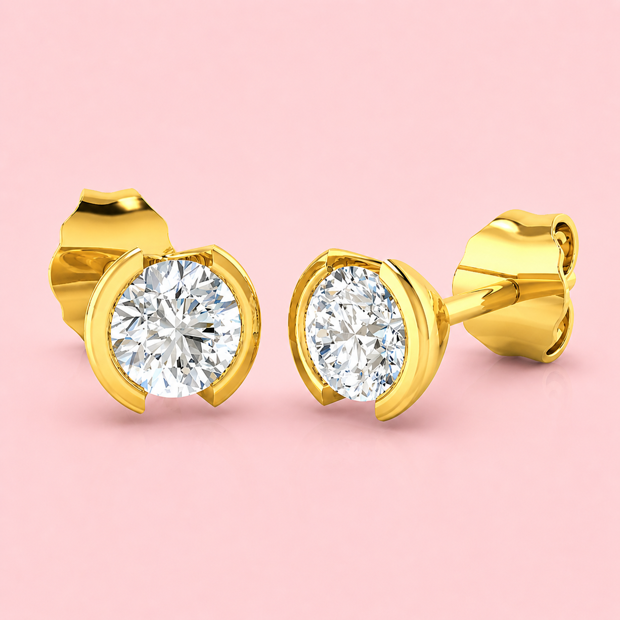 Lab-grown diamond half-bezel stud earrings in 18ct yellow gold, round brilliant F VS, made to order at Fogal & Barnes Harrogate