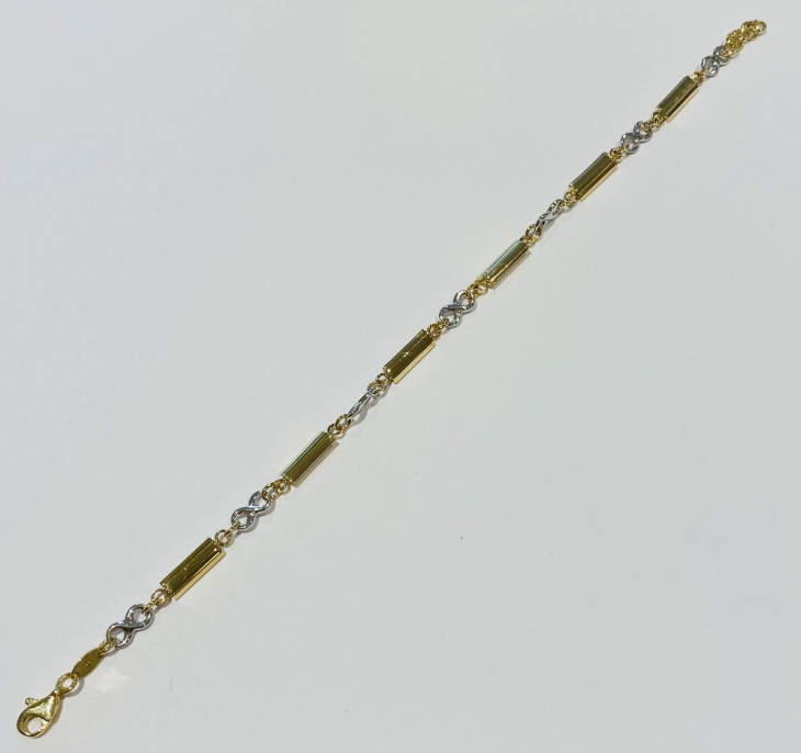 9ct yellow and white gold infinity link bracelet with polished gold bars hand-made by Fogal & Barnes Harrogate