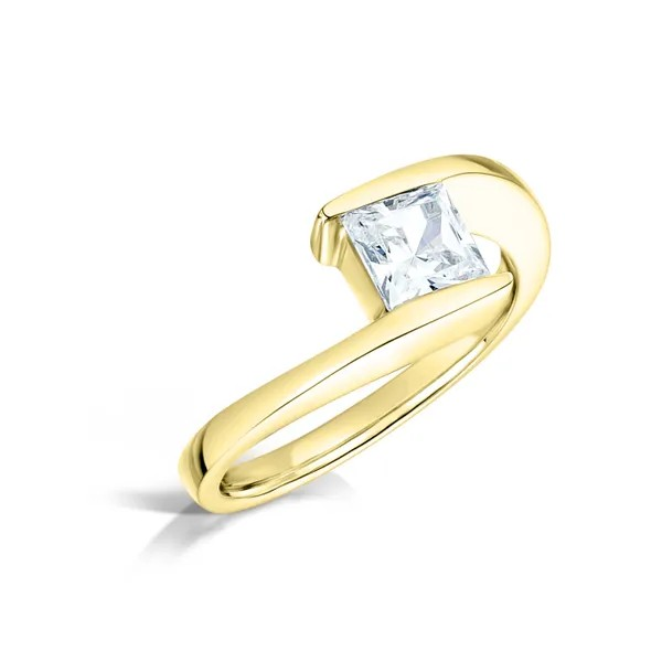 Modern Princess cut diamond solitaire engagement ring Harrogate This solitaire has been set in 18ct yellow gold , with a twist modern east- west