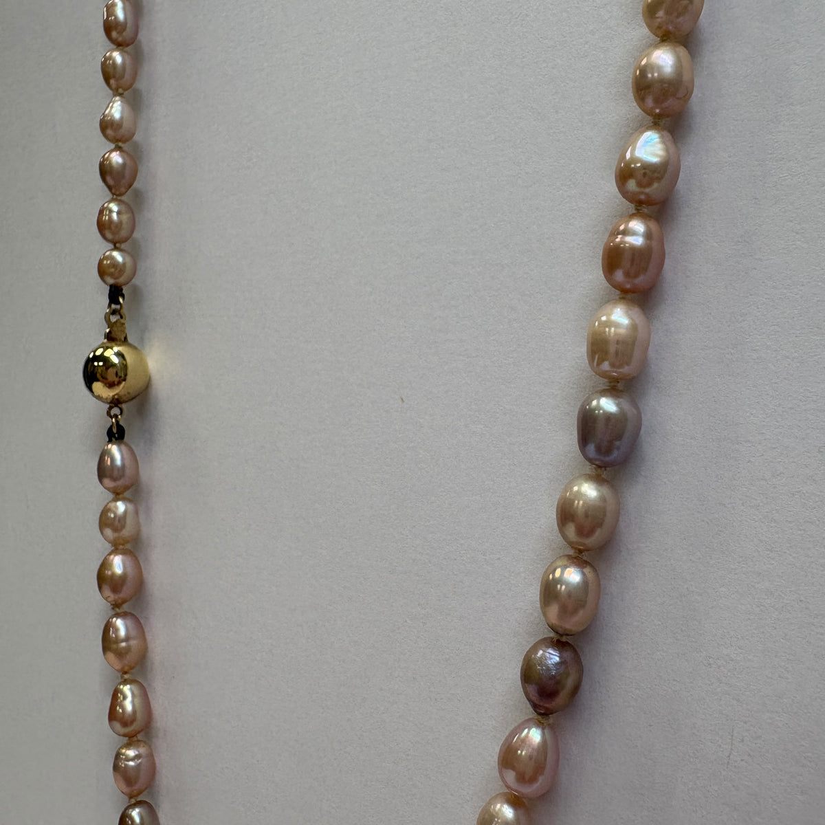 freshwater pearl rope necklace, long pearl necklace UK, blush pearl necklace, opera length pearl necklace, pink pearl necklace, pre-loved pearl necklace, knotted pearl necklace, pearl necklace gold clasp