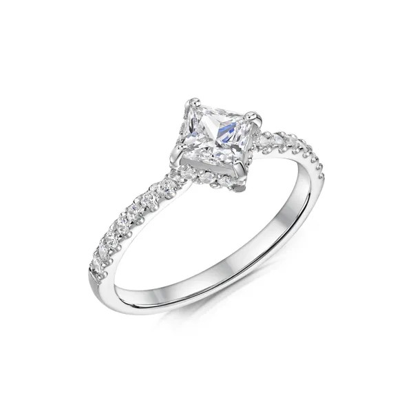 Princess cut diamond Solitaire engagement ring with diamond on the band and diamond hidden halo set in platinum and 18ct white gold. Fogal and Barnes Fine Jewellers of Harrogate