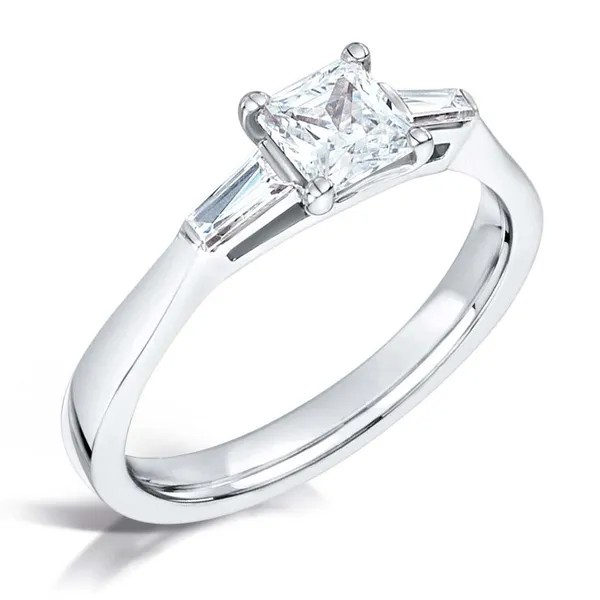 Princess cut diamond trilogy engagement ring harrogate ith tappered baguettes set on an 18ct white gold band fogal and barnes fine jewellers of harrogate