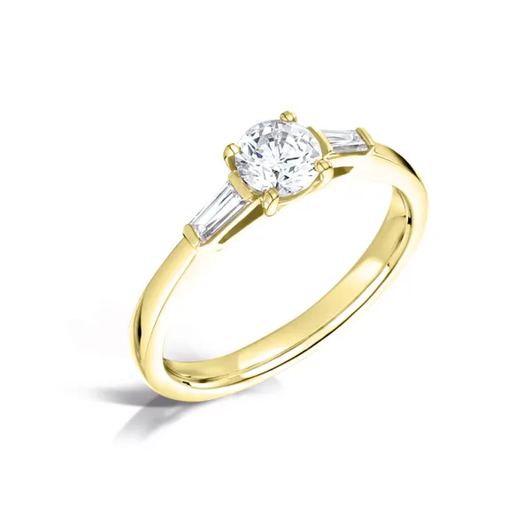 Round Brilliant Trilogy Engagement Ring Harrogate Taperred Baguette Diamonds on side Fogal and Barnes Fine Jewellers in Harrogate