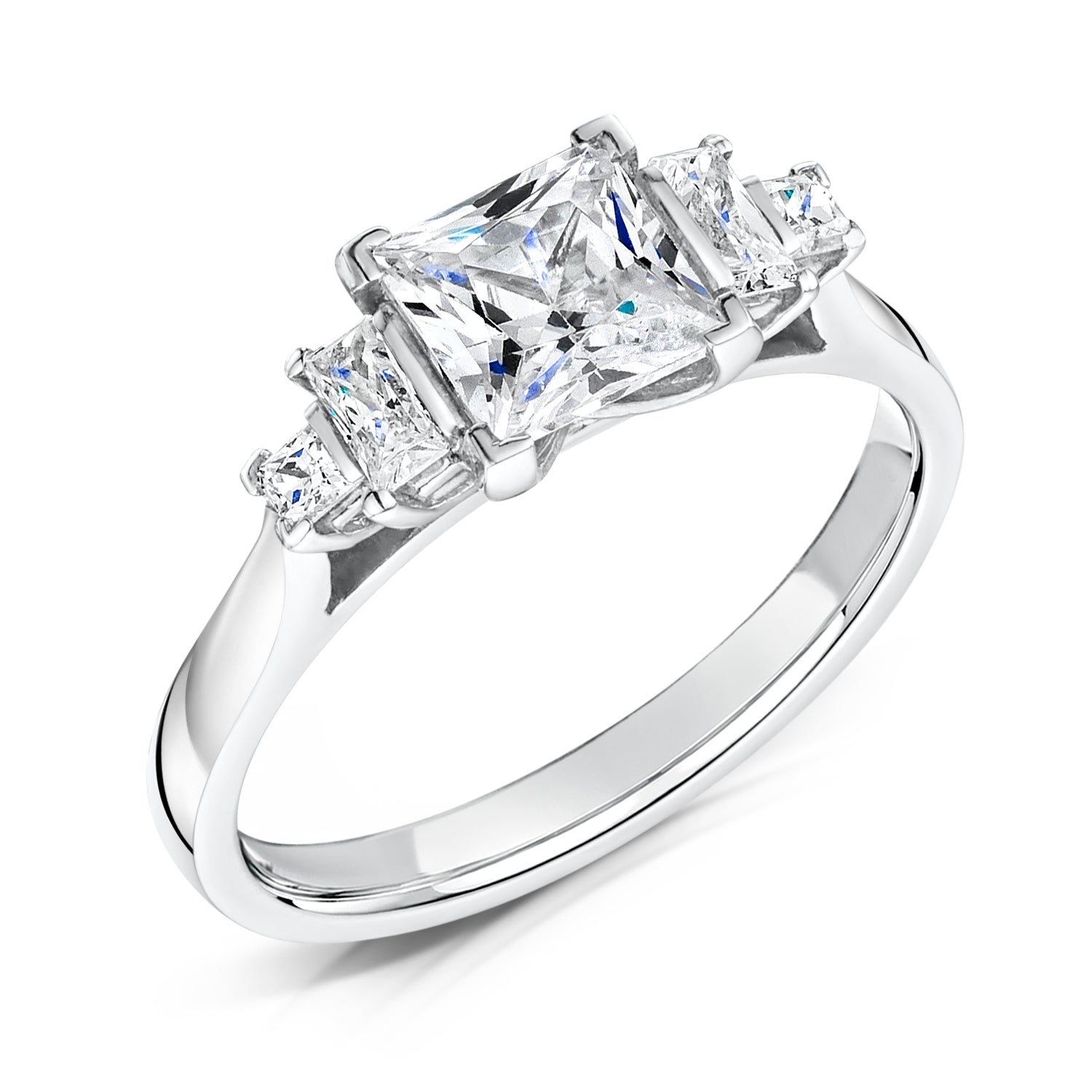 Princess cut diamond 5 stone engagement ring harrogate, 2 side baguettes and 2 side princess cut natural diamonds set in platinum or 18ct white gold. Fogal and Barnes Fine Jewellers Independent