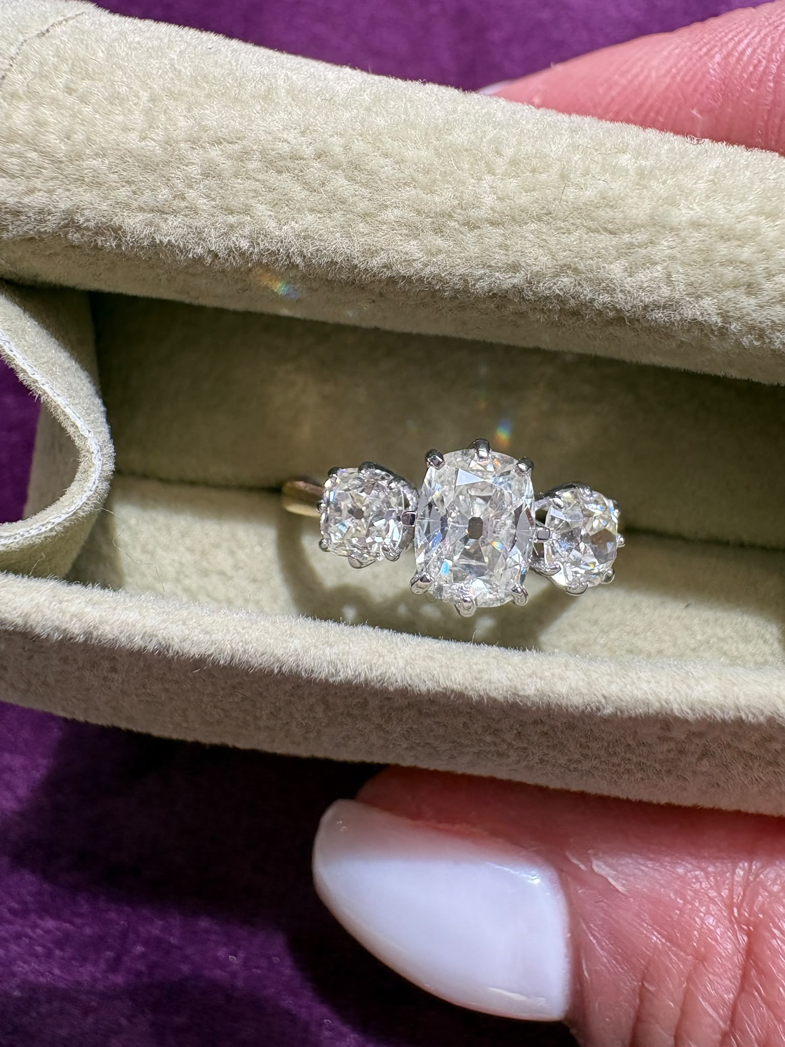 old mine cut diamond engagement ring second hand set on 18k yellow gold and diamond head, stunning harrogate vintage jewellery