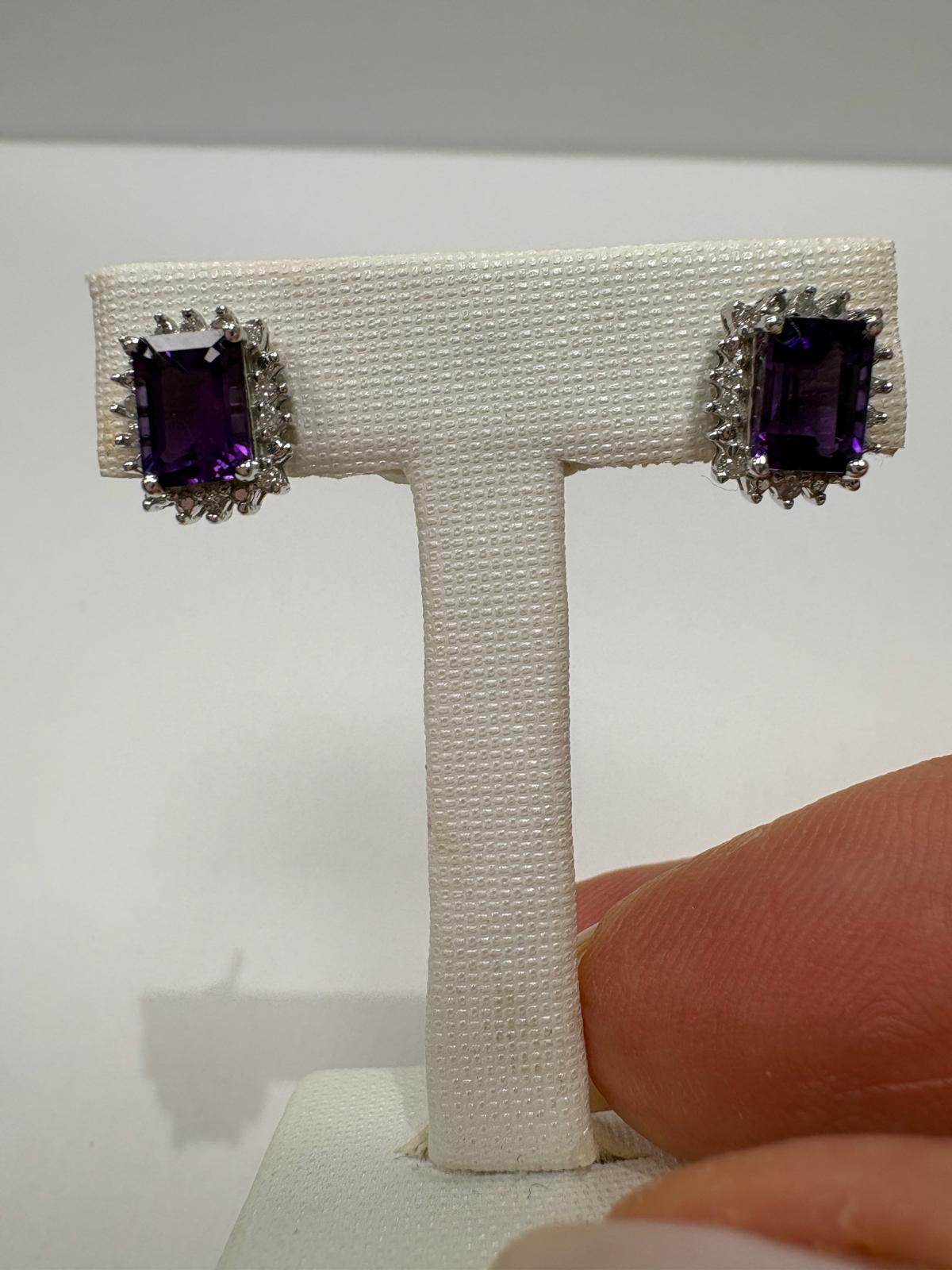 pre-loved amethyst earrings, second hand 9ct gold earrings UK, amethyst diamond cluster earrings, emerald cut amethyst, statement purple earrings, pre-owned gemstone earrings UK, second hand fine jewellery UK, amethyst earrings for sale UK