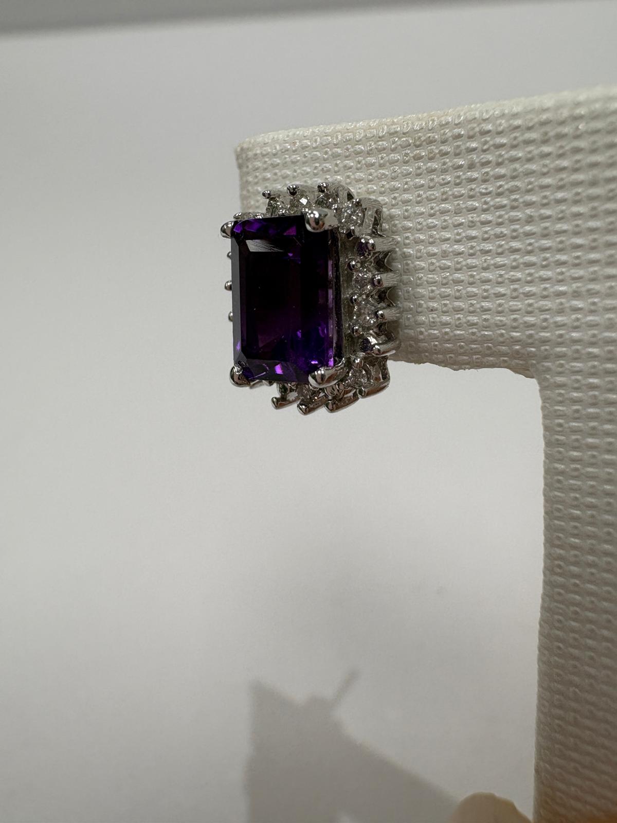 pre-loved amethyst earrings, second hand 9ct gold earrings UK, amethyst diamond cluster earrings, emerald cut amethyst, statement purple earrings, pre-owned gemstone earrings UK, second hand fine jewellery UK, amethyst earrings for sale UK
