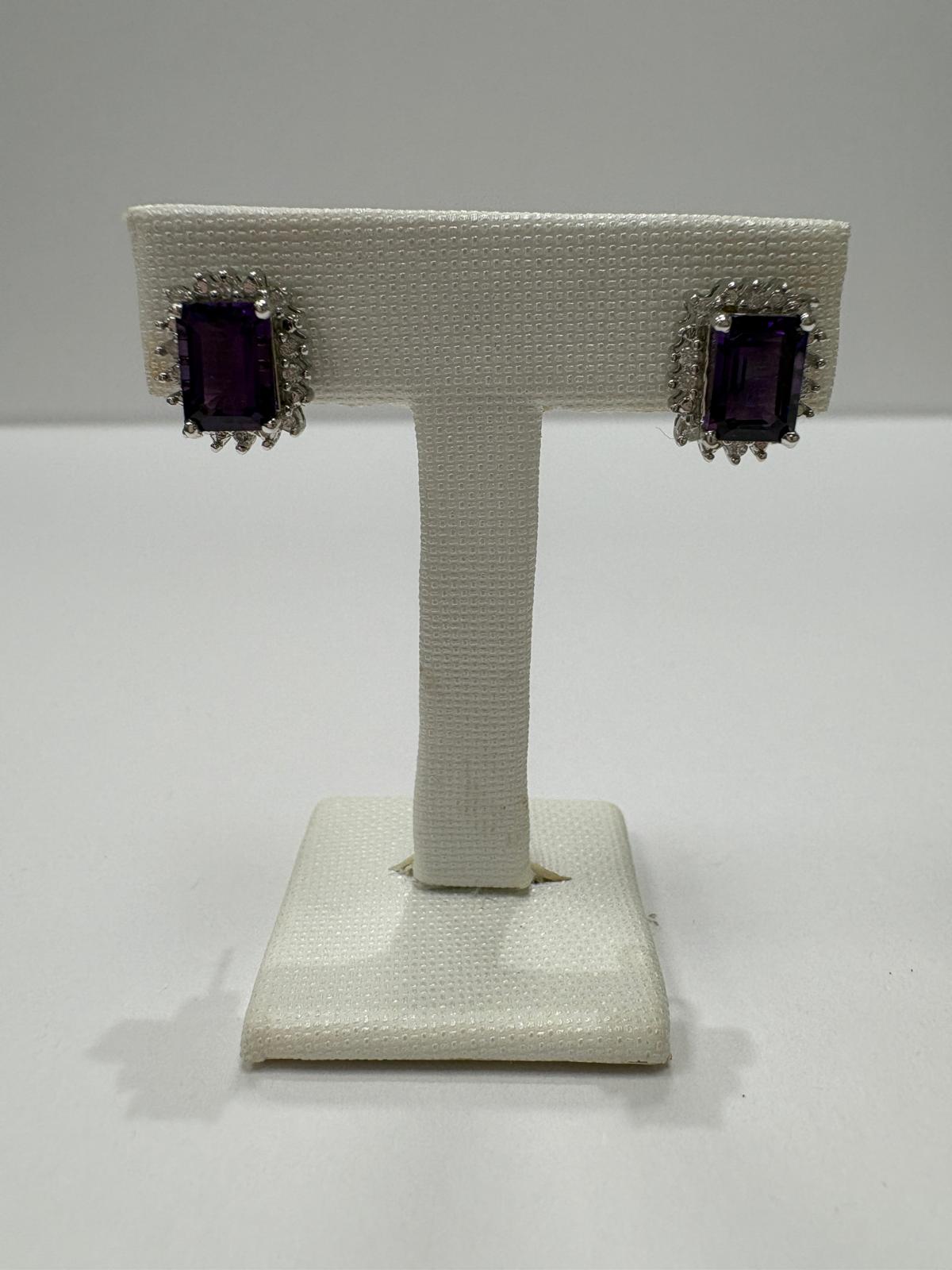 pre-loved amethyst earrings, second hand 9ct gold earrings UK, amethyst diamond cluster earrings, emerald cut amethyst, statement purple earrings, pre-owned gemstone earrings UK, second hand fine jewellery UK, amethyst earrings for sale UK