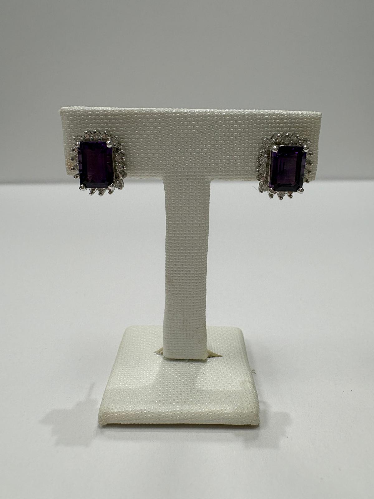 pre-loved amethyst earrings, second hand 9ct gold earrings UK, amethyst diamond cluster earrings, emerald cut amethyst, statement purple earrings, pre-owned gemstone earrings UK, second hand fine jewellery UK, amethyst earrings for sale UK